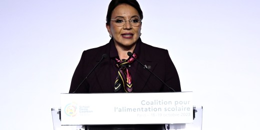 Honduran President Xiomara Castro delivers a speech during the first meeting of the Global School Meals Coalition in Paris, Oct. 18, 2023.