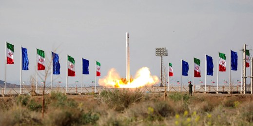 An Iranian rocket carrying a satellite is launched from an undisclosed site believed to be in Iran’s Semnan province, April 22, 2020.