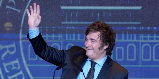 Argentine President-elect Javier Milei waves during his victory speech after winning the presidential runoff election, in Buenos Aires, Argentina, Nov. 19, 2023.