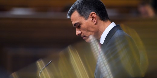 Then-interim Prime Minister Pedro Sanchez speaks during the first session of the parliamentary investiture debate for his reelection, in Madrid, Spain, on Nov. 15, 2023.