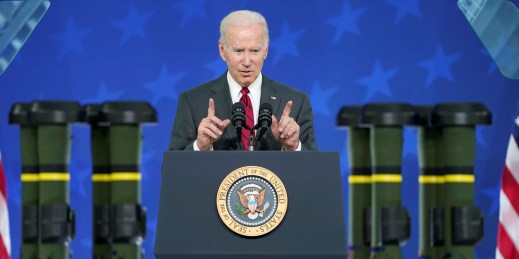 U.S. President Joe Biden speaks about security assistance to Ukraine during a visit to the factory that manufactures Javelin anti-tank missiles, in Troy, Ala., May 3, 2022.