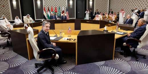 U.S. Secretary of State Antony Blinken attends a meeting with the foreign ministers of Jordan, Saudi Arabia, Qatar, the UAE and Egypt as well as a representative of the Palestine Liberation Organization, in Amman, Jordan, Nov. 4, 2023.