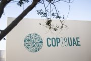 A sign for COP28 in Dubai.