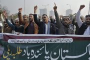Members of Muslim Talba Mahaz Pakistan chant slogans in Islamabad.