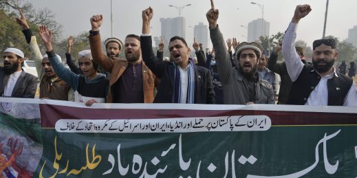 Members of Muslim Talba Mahaz Pakistan chant slogans in Islamabad.