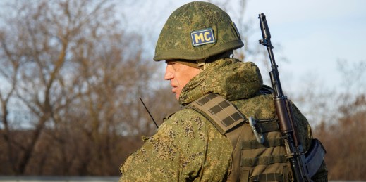A Russian soldier at a checkpoint in Tiraspol, Transnistrian region, Moldova.