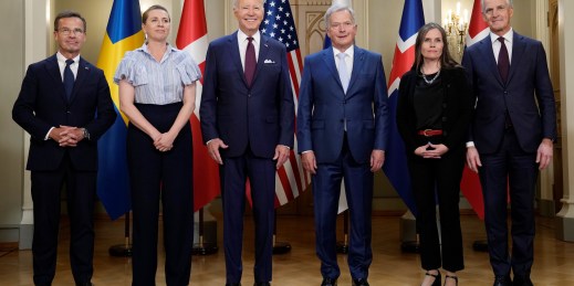 U.S. President Joe Biden poses for a group photo with the leaders Sweden, Denmark, Finland, Iceland and Norway.