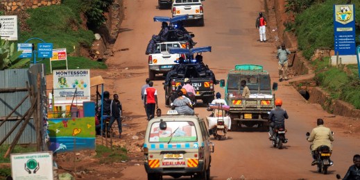 Ugandan security forces patrol opposition neighborhoods.