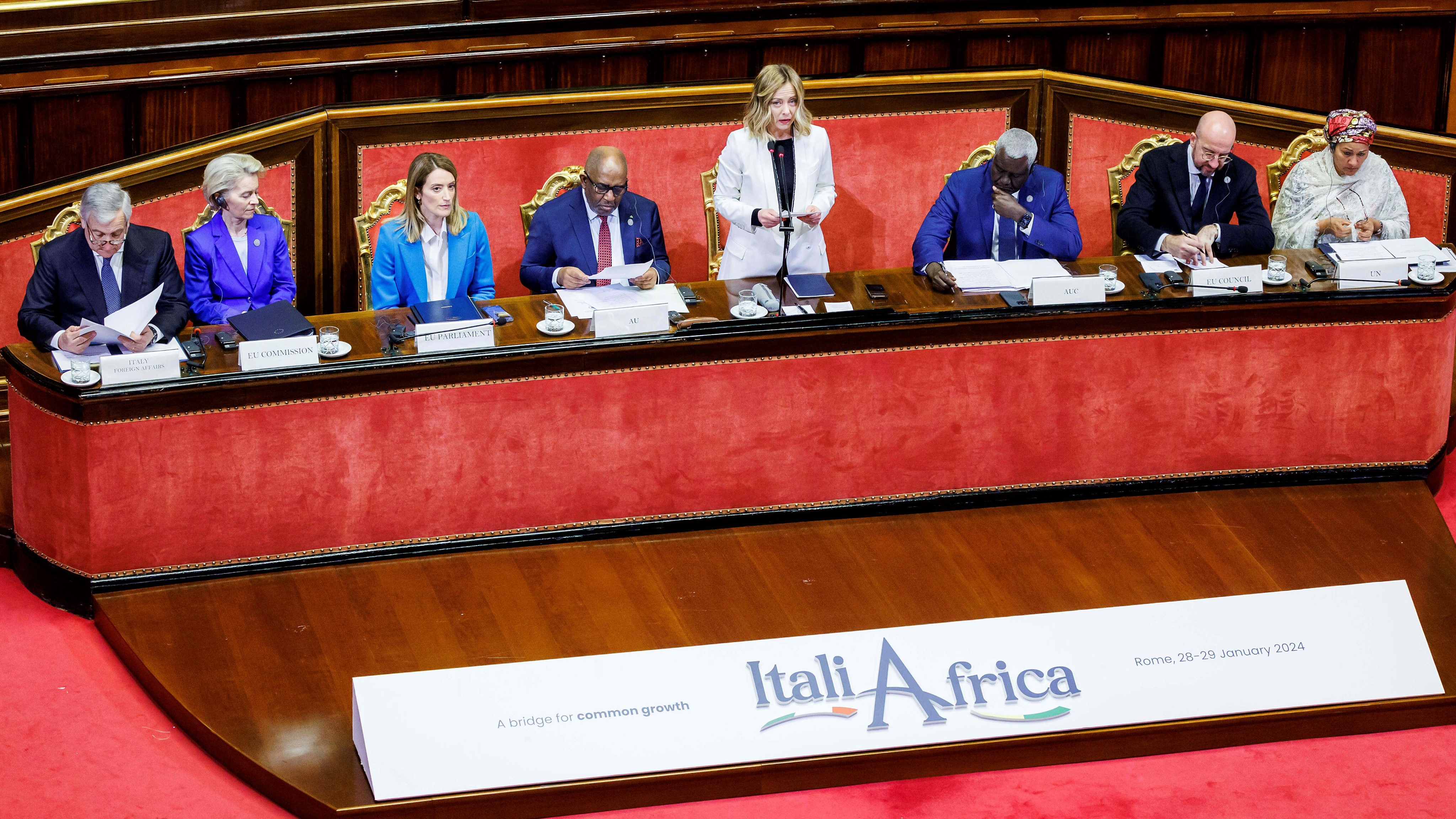 Italian Premier Giorgia Meloni speaks at the start of the Italy-Africa summit.