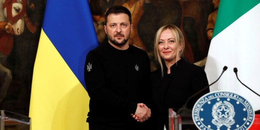 Italian Prime Minister Giorgia Meloni receives Ukrainian President Volodymyr Zelenskyy.