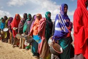 Women who fled drought line up to receive food.