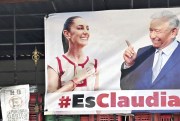A banner showing Mexican presidential candidate Claudia Sheinbaum and President Andres Manuel Lopez Obrador.