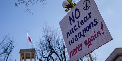 A sign reading “No nuclear weapons never again!”