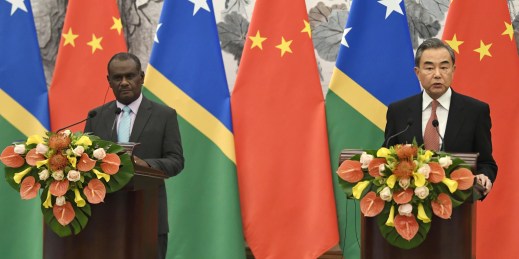 Solomon Islands then-Minister of Foreign Affairs Jeremiah Manele and Chinese Foreign Minister Wang Yi.