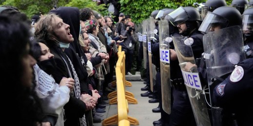 Pro-Palestinian protesters face off with police at the University of Chicago.