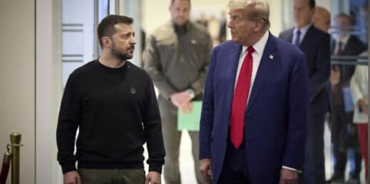 Ukrainian President Volodymyr Zelenskyy meets with then-candidate Donald Trump.