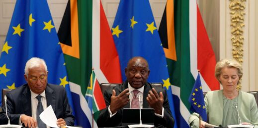 EU Council President Antonio Costa, South African President Cyril Ramaphosa and European Commission President Ursula von der Leyen.