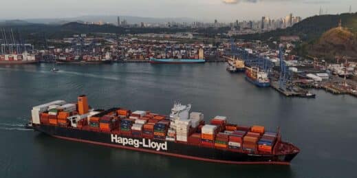 A cargo ship sails past the Panama Canal’s Port of Balboa.