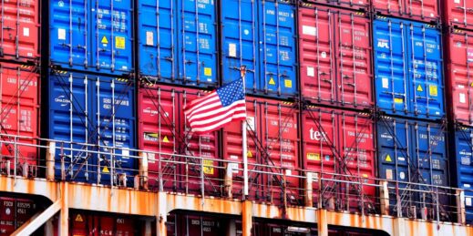 A U.S. flag is seen on the container ship President Eisenhower.