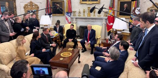 U.S. President Donald Trump meets with Ukrainian President Volodymyr Zelenskyy.