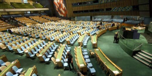U.N. security personnel check the General Assembly hall.