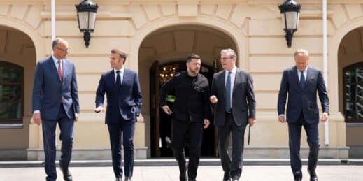 German Chancellor Friedrich Merz, French President Emmanuel Macron, Ukrainian President Volodymyr Zelenskyy, British Prime Minister Keir Starmer and Polish Prime Minister Donald Tusk.