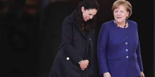 German Chancellor Angela Merkel welcomes New Zealand Prime Minister Jacinda Ardern.