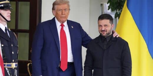 President Donald Trump greets Ukrainian President Volodymyr Zelenskyy