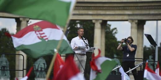 Peter Maygar speaks at a protest.
