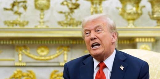 U.S. President Donald Trump speaks during a meeting in the Oval Office.
