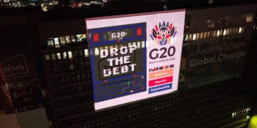 A debt relief sign at the G20 summit.