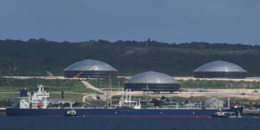 A docked oil tanker.